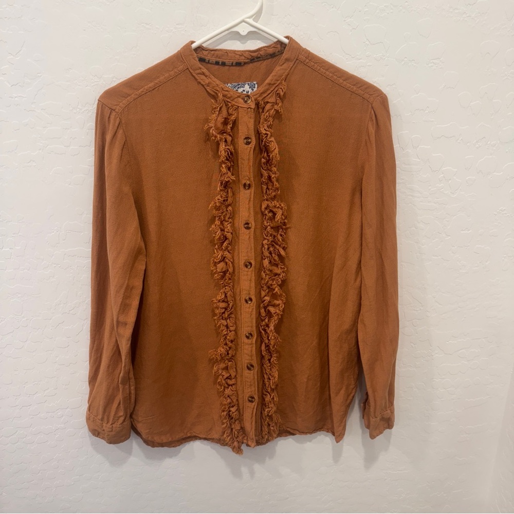Anthropologie Pilcro Ruffled Placket Linen Blend Shirt Womens Small Button Front - Picture 2 of 7